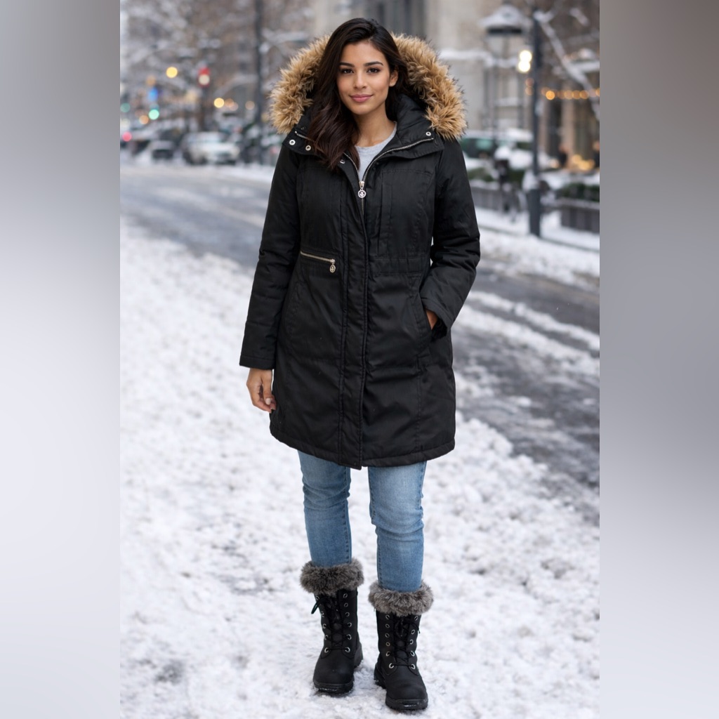 Michael Michael Kors Black Puffer Coat With Tan Faux Fur Hood